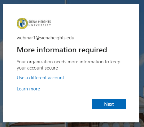 Screenshot of the More information required popup after logging into office.com. 