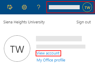 Screenshot displaying where to click on your name, followed by the "View account" text to click on.