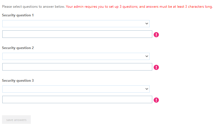 Screenshot of the security questions page for setting up account security.
