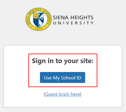 WordPress login page with the Use My School ID button surrounded by a red box.
