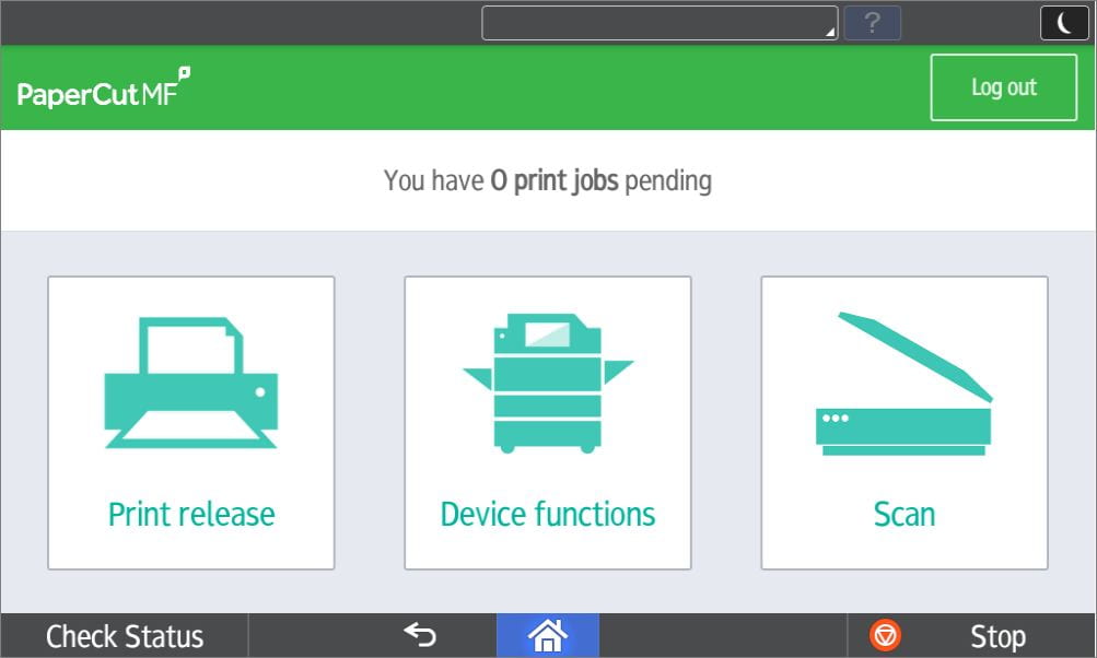 Main menu of MFP upon signing in. Displays Print Release, Device functions, and Scan buttons.