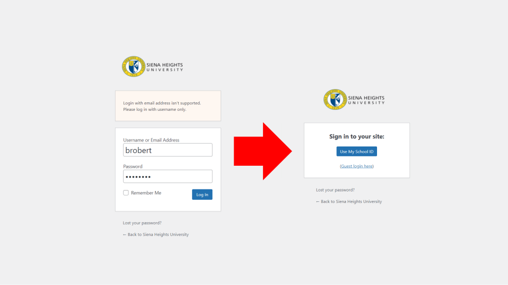 old campuspress login with an arrow pointing to the new login system