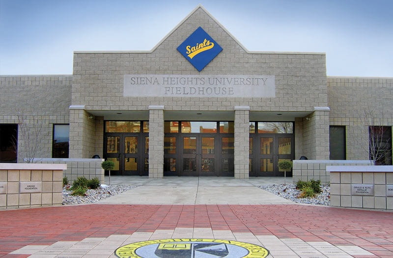 Photo of the front of the Siena Heights University Fieldhouse